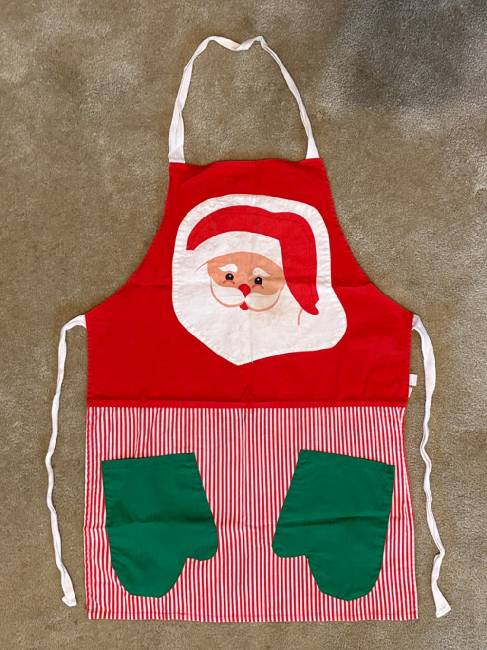 Vintage Russ Christmas Santa Red White & Green Striped Waist-Tie Apron